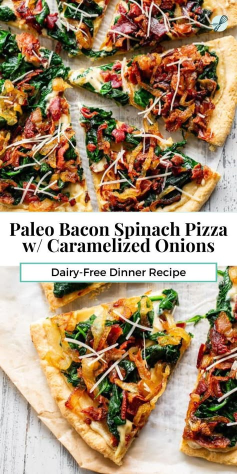 This bacon and spinach pizza is so tasty that you won’t believe it’s completely grain free and dairy free! An easy one-bowl paleo pizza crust is topped with a dairy free cheese sauce, spinach, crispy bacon and perfectly caramelized onions. It’s perfect as a slightly fancy appetizer but works as an everyday meal too! Paleo Pizza Casserole, Spinach Pizza Recipe, Dairy Free Cheese Sauce, Paleo Pizza Recipes, Paleo Pork Recipes, Paleo Pizza Crust, Dairy Free Pizza, Caramelized Onions Recipe, Spinach Pizza