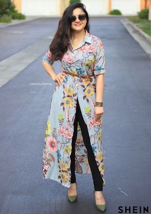 Vertical Striped Florals Longline Shirt | SHEIN Dress 2023 Summer, 2023 Summer Outfits, Stylish Outfits Casual, Summer Outfits Casual, Stylish Kurtis Design, Casual Frocks, Outfit Ideas Summer, Designer Kurti Patterns, Simple Kurti Designs