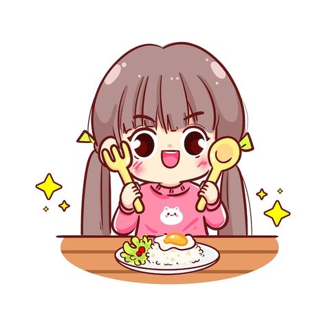 Eating Character, Chibi Eating, Angry Chibi, Chibi Expressions, Children Breakfast, Cartoons Eating, Chibi Games, Cartoon Character Illustration, Line Sticker