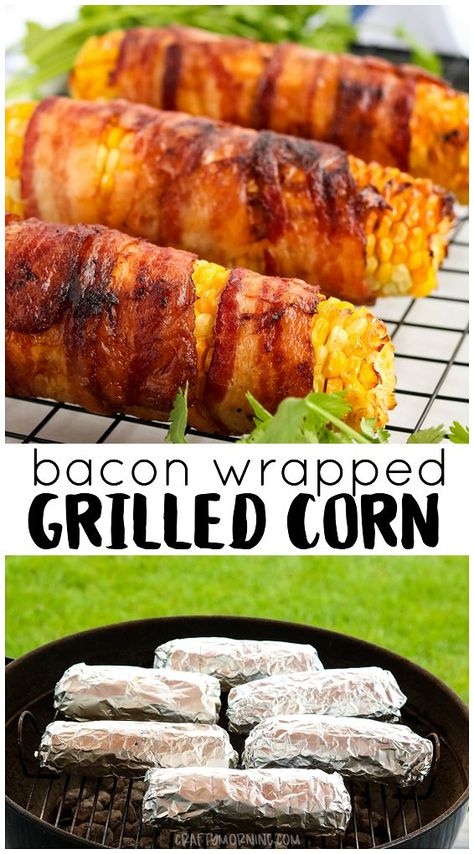 Bacon Wrapped Grilled Corn...the best smoky flavor on the grill! Corn on the cob recipe. Summer BBQ side dish idea. Bacon Wrapped Corn, Grill Corn On The Cob, Summer Bbq Side Dishes, Grill Corn, Corn On The Cob Recipe, Bbq Side Dish, Grilled Side Dishes, Grilling Recipes Sides, Summer Bbq Recipes