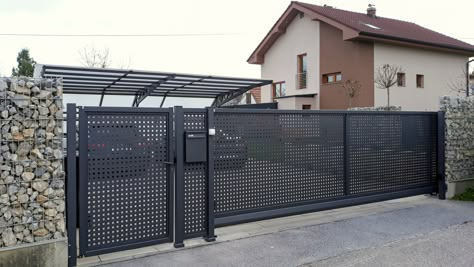 Pagar Industrial Design, Perforated Metal Gate, Pagar Perforated, Perforated Metal Fence, Metal Fence Gates, Black Bathroom Floor, Build A Loft Bed, Door Aesthetic, Aluminum Doors