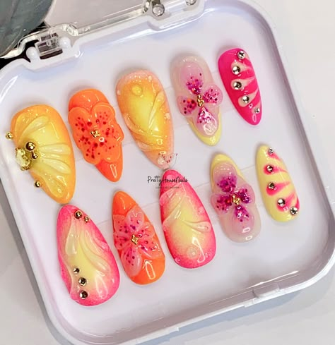 Thank you for stopping by and supporting a small business!💖 💐 Colorful Sunset Tropical Flower Press On Nails: The Ultimate Custom Flower Nail Set. 🌺" Colorful Sunset Tropical Flower Press On Nails, Custom Flower Nail Set, Trendy Fake Nails for Stylish Ladies, 3D Handcraft Nail Art, Freestyle Fake Nails, Gift for Her.", Almond Nails, Long Nails, Short Nails, Flower Nails, 3D Nails, Fruit Nails, Summer Nails. 🌸Elevate your summer style with our Colorful Sunset Tropical Flower Press On Nails. T Vacation Nails Bright, Bright Vacation Nails, Nails Fruit, Nails Tropical, Flower Press On Nails, Sunset Tropical, Fruit Nails, Nails Flower, Nails 3d