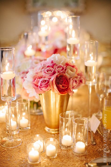 Pink and gold wedding Lots Of Candles, Candles And Flowers, Gold Wedding Colors, Ron Burgundy, Kauai Wedding, Pink And Gold Wedding, Gold Wedding Decorations, Wedding Color Palette, Deco Floral