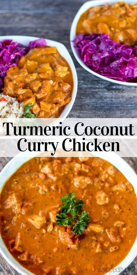 Turmeric Coconut Curry Chicken - WhippedItUp - #turmeric #coconut #curry #chicken #dinner #yum #delicious #whipped #foodblog Turmeric Curry Recipes, Coconut Turmeric Chicken, Indian Coconut Curry, Chicken Turmeric, Curry Recipes Chicken, Curry Ideas, Chicken Recipes For Lunch, Turmeric Curry, Coconut Curry Chicken Recipes