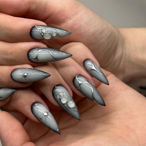 25 Trending Chrome Nail Designs to Try Grey Nails With Chrome, Dark Goth Nails, Cybercore Nails, Eyeball Nails, Ongles Goth, Nail Design 2023, Chrome Nail Design, Pointy Nail Designs, Avada Kedavra