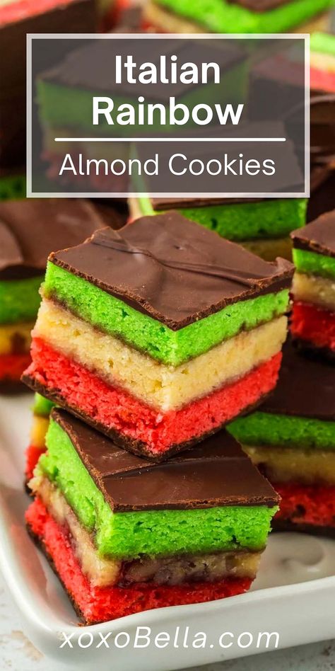 If you're looking for a cute cookie recipe, these Italian rainbow cookies might just fit the bill perfectly. They're also known as tri-color or tricolore cookies or Italian flag almond cookies since they reflect the red, white and green of Italy's flag. Rainbow cookies are easy to make and they look really special, so consider making Italian rainbow cookies for the holidays whether or not you're Italian. 7 Layer Cookies, Rainbow Cookies Recipe, Festive Cookie Recipes, Italian Rainbow Cookies, Italian Christmas Cookies, Gluten Free Holiday, Gluten Free Christmas, Rainbow Cookies, Almond Paste