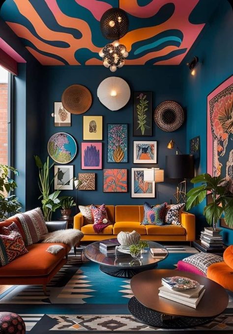 Global Decor Living Room, Maximalist Living Room Decor, Teal Wall Colors, Funky Interior Design, Quirky Living Room, Asian Living Room, Maximalist Living Room, Cool Room Decor, Global Decor