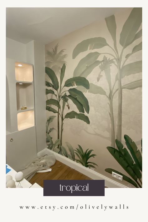 Vintage tropical wallpaper mural. Ideal for a nursery or relaxing bedroom. This stunning tropical mural is sure to WOW! Click to see our large collection of wall murals. #wallmural #blackandwhitebedroom #bedroominspiration #accentwall #wallpaper #floral #floralwallpaper #featurewall #livingroominspiration Coastal Mural, Vintage Tropical Wallpaper, Mural For Nursery, Tropical Mural, Children Painting, Diy Home Interior, Wallpaper Diy, Diy Interior Decor, Nursery Mural