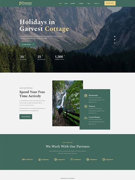 Garvest - Nature Cottages Elementor Template Kit Cottage Website Design, Nature Website Design Inspiration, Nature Web Design, Nature Website Design, Nature Website, Green Website, Webpage Design Layout, About Us Page Design, Fitness Branding