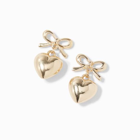 Gold-tone Bow & Heart 0.5" Drop Earrings | Claire's (UK) Claire’s Earrings, Gold Bow Earrings, Claire Earrings, Heart Shape Jewelry, Gold Heart Earrings, Earrings For Girls, Jewelry Words, Jewelry Accessories Ideas, Bow Jewelry