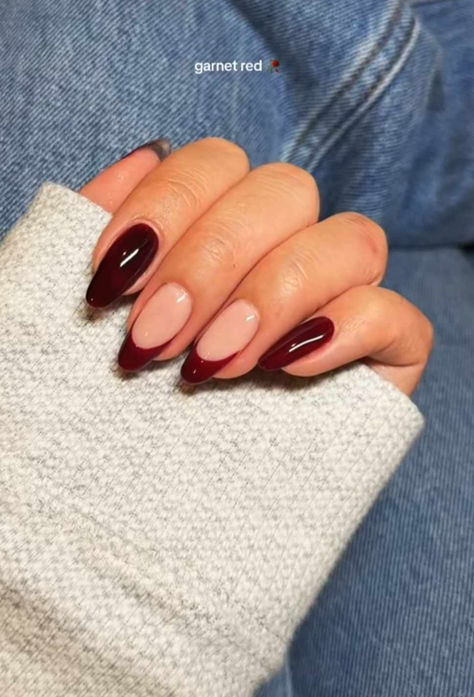 November Nails Aesthetic, French Dark Red Nails, Dark Red Acrylic Nails Almond, Red Beige Nails, Dark Red Fall Nails Design, Dark Cherry Red Nails French Tip, Nails November 2023, Garnet Red Nails, Dark Red Nails With Design Burgundy