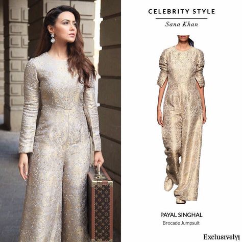 Spotted Sana Khaan  looking super glamorous in this Payal Singhal brocade jumpsuit. Download Exclusively app to download this jumpsuit.  #bollywood #fashion #spotted #celebrity #celebritystyle #celeb #fashiontrends #trend #jumpsuit #brocade #embroidery #embellished #buy #shop #online #fabulous #designer #designerwear #luxury #amazing #weekend #party #goingout #champagne #payalsinghal  @payalsinghal @sanakhaaan21 by exclusivelyin Banarsi Jumpsuit, Brocade Jumpsuit, Brocade Embroidery, Payal Singhal, Indian Fashion Trends, Heavy Dresses, Weekend Party, Brocade Dresses, Indian Design