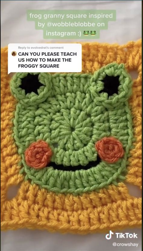 Crochet Frog Granny Square Pattern, Frog Granny Square Pattern, Crochet Frog Square, Frog Granny Square, 100 Crochet Stitches, Knitting Club, Crochet Frog, Crochet Motif Patterns, Kawaii Crochet