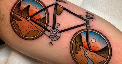 Biking Tattoo, Stay Humble Tattoo, Bright Colorful Tattoos, Humble Tattoo, Tattoo Bike, Cycling Tattoo, Mountain Bike Tattoo, Bike Tattoo, Trad Tattoos