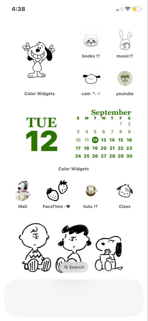 Snoopy Phone Layout, Snoopy Homescreen, Snoopy Ios Layout, Snoopy Phone Theme, Studio Ghibli Homescreen Layout, Studio Ghibli Phone Layout, Iphone Home Screen Layout, Phone Organization, Ios