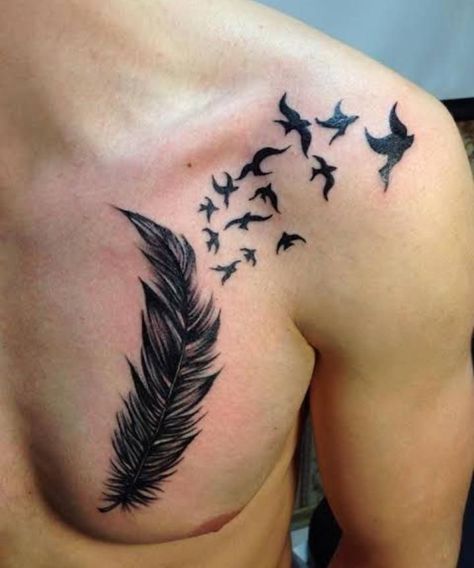 Feather Tattoo Chest, Tattoo Plume, Feather Tattoo For Men, Tato Realis, Tattoo Under Chest, Tattoo Homme, Bird Tattoo Men, Feather With Birds Tattoo, Small Chest Tattoos