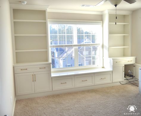 One Room Challenge- Week 2: The Office Built-Ins are Installed! | Kelley Nan Built In Using Ikea Cabinets, Built In Shelves In Playroom, Book Shelf In Office Room, Built Ins Around 2 Windows, Kitchen Storage Unit, Bedroom Built Ins, Kitchen Storage Units, Window Seat Design, Window Seat Storage