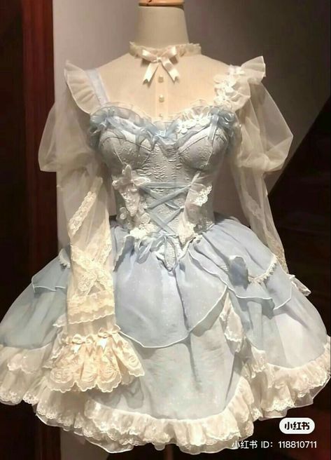 White And Blue Dress Aesthetic, Blue Coqquete Aesthetic, Cute Coquette Dress, Coquette Blue Dress, Blue Idol Outfit, Cute Outfits Dresses Girly, Coquette Dresses Aesthetic, Oc Dress Ideas, Fancy Blue Outfit