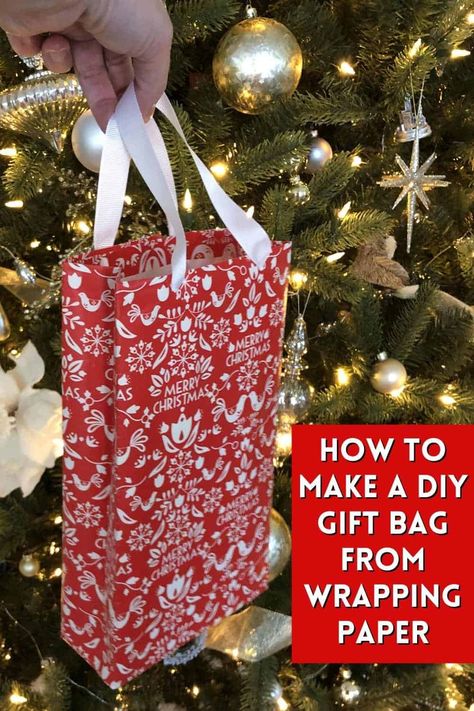 It's easy to learn how to make your own DIY Gift Bags in under 5 minutes using wrapping paper, tape and ribbon! Perfect for Christmas or wrapping oddly shaped presents! Make Bags From Wrapping Paper, Making Bags Out Of Wrapping Paper, How To Make A Gift Bag From Wrapping Paper, Make A Gift Bag Out Of Wrapping Paper, Making Gift Bags Out Of Wrapping Paper, How To Make A Wrapping Paper Gift Bag, How To Make A Bag From Wrapping Paper, Make A Bag From Wrapping Paper, Gift Bag Wrapping Ideas Tissue Paper