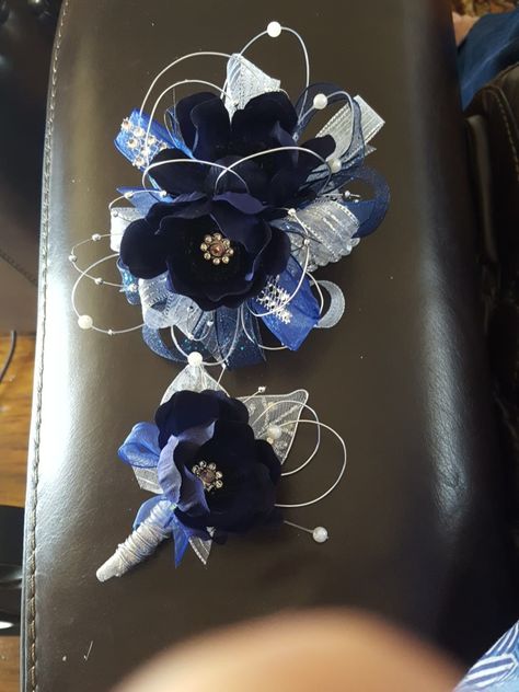 Blue And Silver Flower Bouquet, Blue And Silver Boutonniere, Dark Blue Corsage And Boutonniere, Navy Blue And Silver Corsage, Blue And Silver Corsage, Dark Blue Corsage, Royal Blue Corsage And Boutonniere, Royal Blue Corsage, Prom Corsage Blue