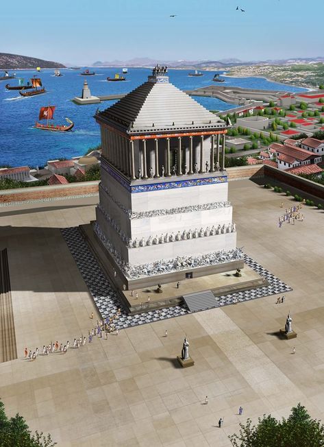 A bird's eye perspective of the Mausoleum at Halicarnassus by Alexander Jubran Mausoleum At Halicarnassus, Pompeii And Herculaneum, Great Pyramid Of Giza, Ancient Greek Architecture, Classical Antiquity, Ancient Buildings, Roman History, Seven Wonders, Ancient Temples