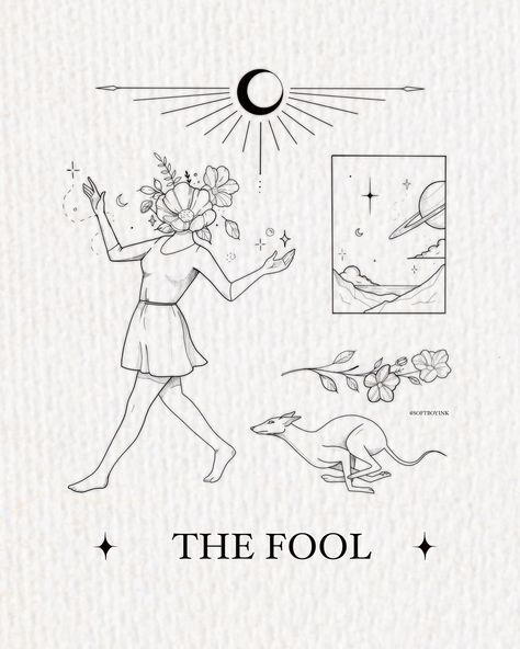 New tarot themed flash 🌞🃏🏔️ 🐕 This time around it’s “The Fool”. Let me know which one’s your fave! I’m planning to do some more tarot themed flash, any suggestions for which one I should next? ✨ - #tarottattoo #finelinetattoos #tattooideas #tattooinspo #tattoodesigns #daintytattoos #tattooflash Tarot Card Flash Tattoo, Tarot Card The Fool Tattoo, The Fool Drawing, The Fool Tarot Tattoo Design, The Fool Tarot Tattoo Simple, The Fool Tattoo, The Fool Tarot Tattoo, Fool Tattoo, George Tattoo