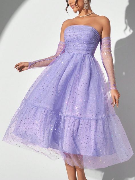 SHEIN Belle Women's Purple Fine Glitter Dot Punch Mesh Fabric Pleated Strapless And 1 Pair Of Sleeves Cocktail DressI discovered amazing products on SHEIN.com, come check them out! Purple Glitter Dress, Speak Now Eras Tour, Speak Now, Glitter Dress, Mesh Sleeves, Purple Glitter, Eras Tour, Fancy Dresses, Amazing Products