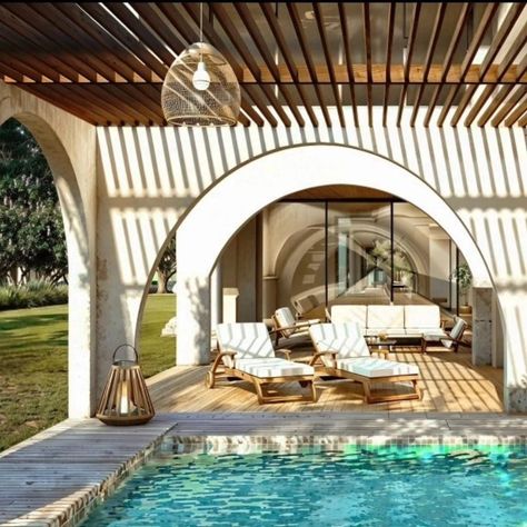 This outdoor space captures the essence of elegance and tranquility, blending classical and modern design elements. The arched canopy, reminiscent of ancient Greek architecture, provides a graceful shelter over the pool. The smooth texture of the lime plaster adds a rustic, yet refined touch, contrasting with the surrounding greenery. 

#biophilic #thegridarchitects #ecology #greenspaces #sustainableliving #ahemdabad #SustainableDesign Ancient Greek Architecture, Ancient Greek, Smooth Texture, Sustainable Living, Sustainable Design, Residential Architecture, Ecology, Outdoor Space, Design Elements