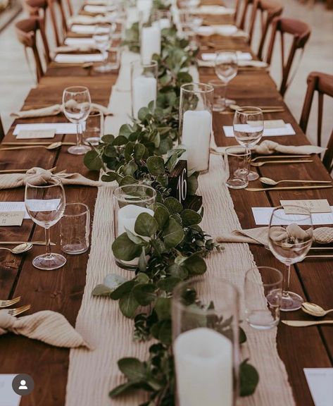 Wood Table Decorations Wedding, Modern And Rustic Wedding Decor, Wedding Eucalyptus Table, Rustic Boho Wedding Sage Green, Long Table Rustic Wedding, Timeless Simple Wedding Decor, Fall Neutral Wedding Decor, Wedding Farm Tables With Runners, Farmhouse Wedding Tablescape