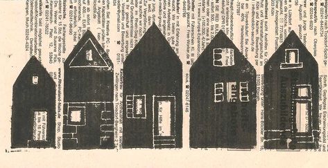 linocut house print | hand pulled linocut on newspaper. | Hottweid | Flickr Polystyrene Printing, Art Haus, Printmaking Projects, Linoleum Block Printing, Lino Prints, House Print, Linocut Art, Virginia Woolf, Art Lessons Elementary