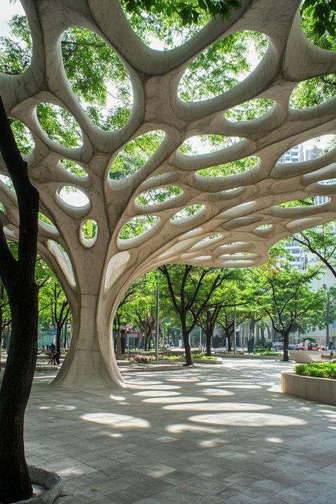 Illusion In Architecture, Waves Inspired Architecture, Abstract Garden Design, Nature With Architecture, Forest Inspired Architecture, Organic Forms Architecture, Garden Pavilion Architecture, Tree Structure Architecture, Long Span Structure Architecture