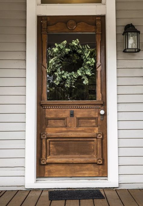 Wood Front Door And Shutters, Rustic Wooden Front Door, Front Door Antique, Antique Farmhouse Front Door, Glass Pane Front Door, French Cottage Front Door, Colonial Style Front Door, Tiny Door Ideas, Antique Farmhouse Exterior