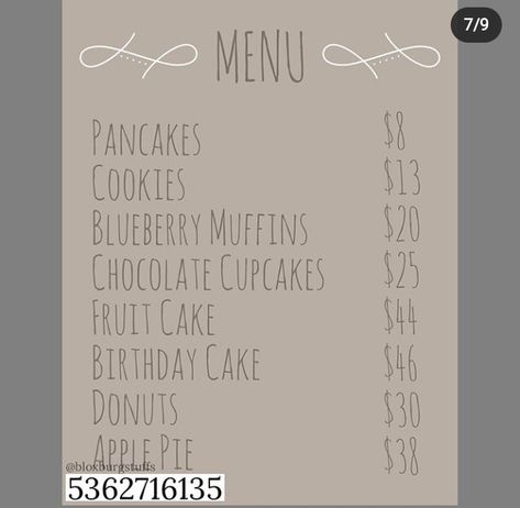 Cafe menu Bloxburg Cafe Menu Decals Codes, Bloxburg Painting, Bloxburg Pictures, Picture Decals, Picture Codes, Roblox House, Cafe Pictures, School Decal, Roblox Decals