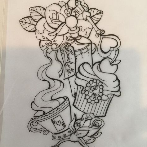 Alice in Wonderland inspired tattoo Alice In Wonderland Tattoo Sleeve, Tatuaje Studio Ghibli, Alice In Wonderland Tattoo, Cupcake Tattoos, Alice And Wonderland Tattoos, Disney Cupcakes, Kunst Tattoos, Wonderland Tattoo, Theme Tattoo