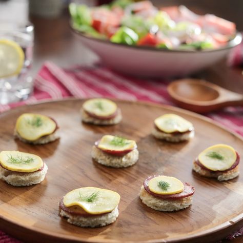 Fried Bologna Bites by Valerie Bertinelli Valerie's Home Cooking Recipes, Fried Bologna, Pickling Spice, Valerie Bertinelli, Food Network Canada, Cooking Channel, Party Foods, Cooking Show, Appetizer Dips