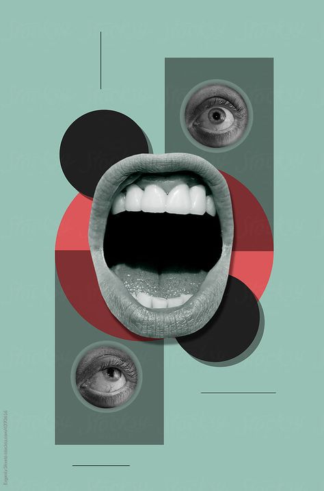 New Contemporary Art, Surrealism Poster Design, Modern Collage Art, Dj Art Design, Collage Art Design Ideas, Surrealism Graphic Design, Surrealism Poster, Brain Collage, Mouth Collage