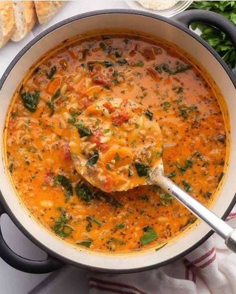 Sausage Orzo Soup, Orzo Recipes Healthy, Sausage Orzo, Orzo Soup Recipes, Sausage Soup Recipes, Italian Sausage Soup, Italian Sausage Recipes, Orzo Soup, Pork Soup