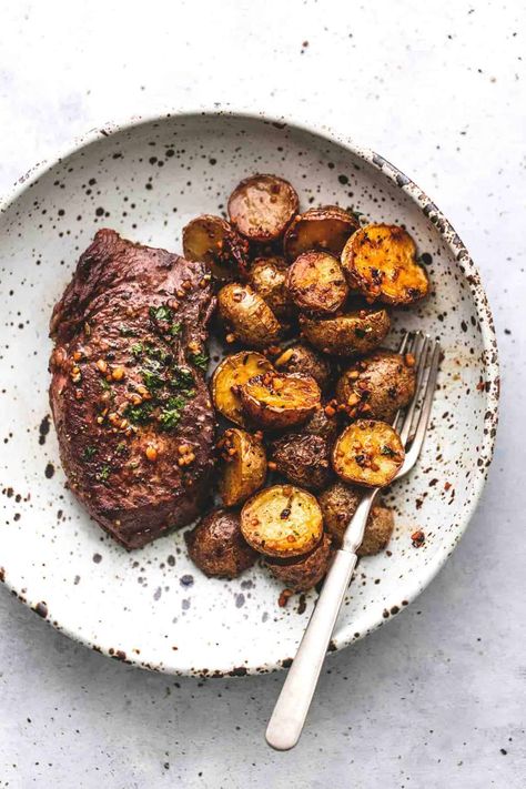 Garlic Butter Steak and Potatoes Skillet | Creme De La Crumb Side Dish With Steak, Steak And Potatoes Skillet, Steak And Baked Potato, Garlic Butter Steak And Potatoes, Butter Steak And Potatoes, Sweet Potato Ground Beef, Potato Ground Beef, Potatoes Skillet, Beef Snacks