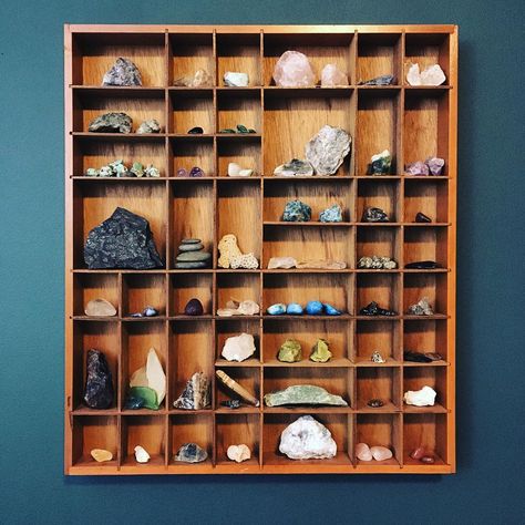 Rock Wall Display, Rock Display Shelf, Display Rocks Collection, Ways To Display Rocks, Crystal Organization Display, Rock Collection Display Ideas, Rock Display Ideas, Mineral Collection Display, Rock Storage