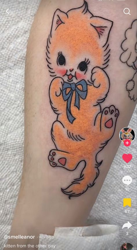 Traditional Kitten Tattoo, Kewpie Cat Tattoo, Animal Cookie Tattoo, Retro Cat Tattoo, Rushton Tattoo, Kitschy Tattoo, Vintage Cat Tattoo, Kitsch Tattoo, Nostalgic Tattoos