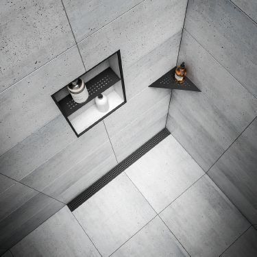 Schluter®-KERDI-LINE in Matte Black | Schluter Shower Drain Ideas, Schluter Shower, Bathtub Surround, Glass Shower Doors Frameless, Linear Drain, Shower Storage, Shower Niche, Black Shower, Shower Shelves