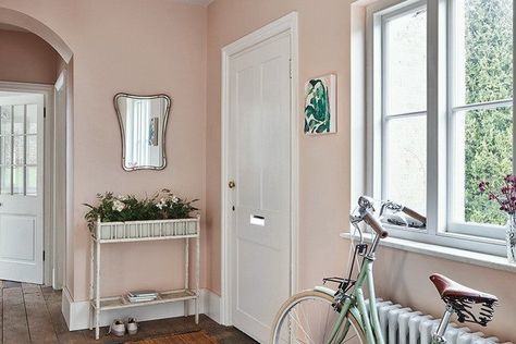 A Setting Plaster hallway Plaster Hallway, Pink Hallway Ideas, Dusty Pink Walls, Hallway Colour Ideas, Pink Hallway, Setting Plaster, Farrow Bal, Stairs And Doors, Hallway Paint