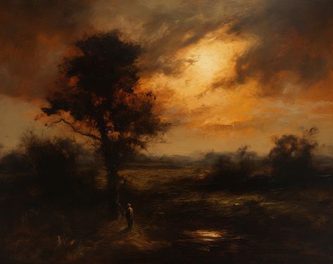 Dark Nature Painting, Fall Aesthetic Painting, Revenge Art, Dark Oil Painting, Painting Mood, Moody Painting, Dark Landscape, Sky Painting, Old Paintings