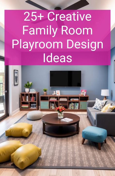 25+ Creative Family Room Playroom Design Ideas Playroom/tv Room, Grandparent Playroom Ideas, Playroom Media Room Combo, Big Kid Playroom Ideas, Tv Playroom Ideas, Family Room And Playroom Combo, Teen Playroom Ideas, Basement Playroom Ideas Family Room, Big Kid Playroom