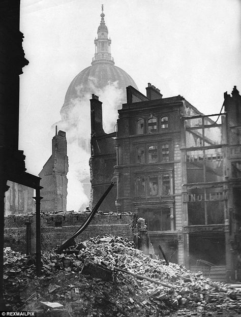 London's burning: Ruins of a building in the shadow of St Pauls still smoulder a week after the Blitz on the city in December 1940. Max Hastings, Blitz Tattoo, London Blitz, Ruined City, London History, The Blitz, St Pauls Cathedral, Battle Of Britain, Old London