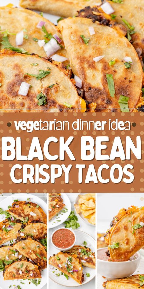 Crispy Black Bean Tacos are vegetarian tacos with a smashed black bean filling, seasonings, and fresh garlic, and pan fried to golden brown and crispy perfection inside a corn tortilla. Black Bean Corn Tacos, Bean Tacos Vegetarian, Black Beans Tacos, Quick Taco Recipes, Black Bean Refried Beans, Crispy Black Bean Tacos, Crispy Black Bean, Crunchy Tacos, Corn Tortilla Recipes