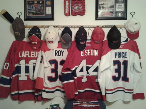 Hunters Bedroom, Hockey Themed Room, Hockey Jersey Display, Jersey Hanger, Sport Room, Hockey Diy, Sports Equipment Storage, Hockey Bedroom, Family Pictures On Wall