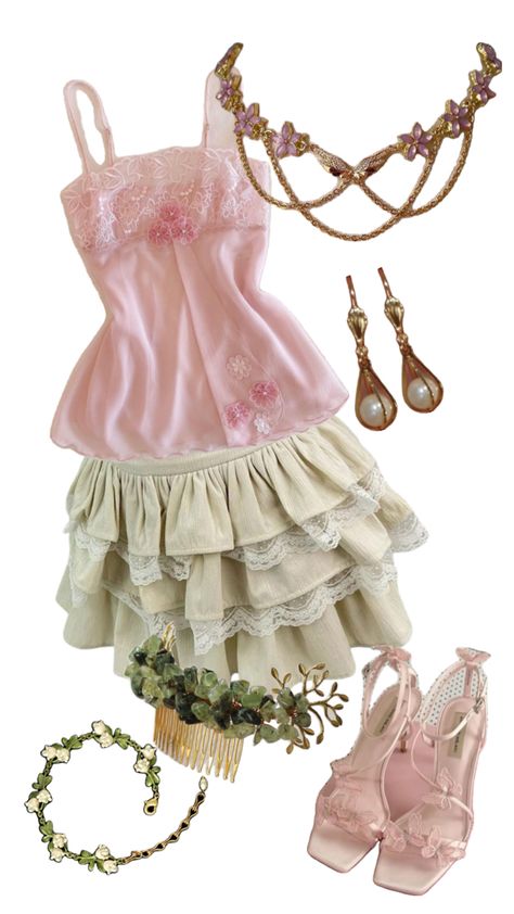 Casual Fairytale Outfit, Pastel Girly Outfits, Fairy Tea Party Outfit, Rapunzel Inspired Outfit Casual, Spring Fairy Outfit, Tangled Outfit Ideas, Fairy Garden Outfit, Garden Fairy Aesthetic Outfit, Fairy Princess Outfit