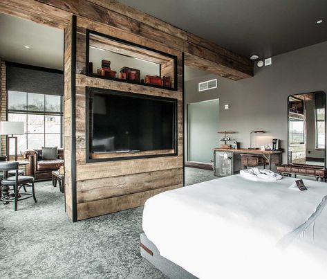 Rooms | Ironworks Hotel Indy - Indianapolis Boutique Hotel Brick Accent Walls, Hotel Suite Luxury, Rooftop Lounge, Spa Like Bathroom, Traveling Tips, Stylish Bathroom, Soft Seating, Gas Firepit, Hotel Suites