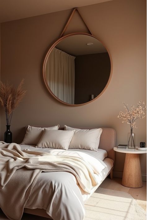 Small bedroom with warm taupe walls and a large mirror creating depth Tan Paint Bedroom Ideas, Earth Tone Accent Wall Bedroom, Valspar Bedroom Paint Colors, Guest Bedroom Wall Color, Small Room Paint Ideas, Colors For Small Bedrooms, Paint Colors For Small Bedrooms, Warm Bedroom Paint Colors, Valspar Bedroom